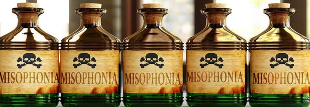Misophonia μπορεί να είναι σαν ένα θανατηφόρο δηλητήριο - απεικονίζεται ως λέξη Misophonia σε τοξικά μπουκάλια για να συμβολίζουν ότι Misophonia μπορεί να είναι ανθυγιεινό για το σώμα και το μυαλό, 3D εικονογράφηση - Φωτογραφία, εικόνα