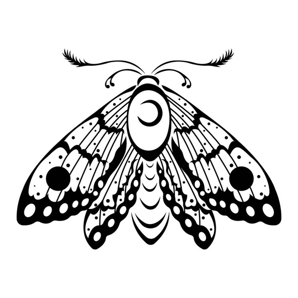 Моль силуэт с различными черными линиями в плоском стиле. Дизайн подходит для татуировки, насекомых логотип, эмблема, талисман, наклейка, символ добра, баннер, футболка и печать одежды. Редактируемый вектор - Вектор,изображение