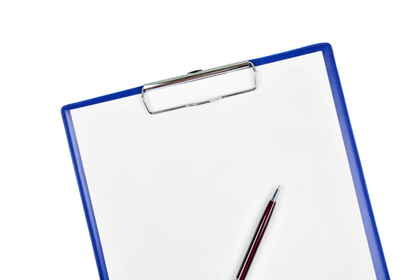 Close up of clipboard with blank white paper and pen on white background - Photo, Image