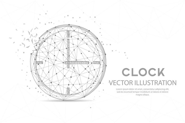 Clock timer digitally drawn in the form of broken a part triangle shape and scattered dots low poly wire frame. - Вектор, зображення