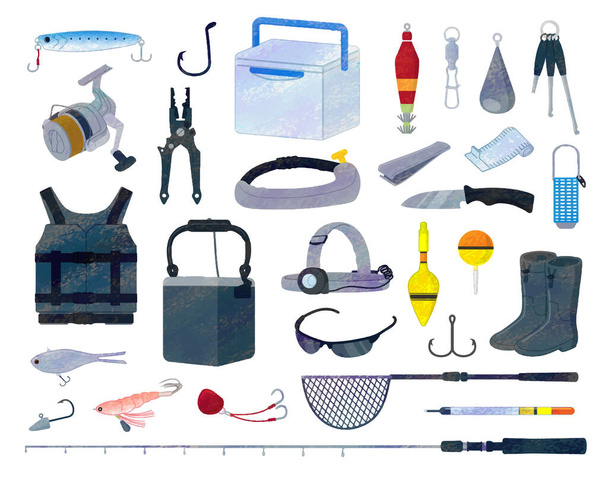 Набор иллюстрационных материалов для рыболовных инструментов / аналоговый стиль - Вектор,изображение