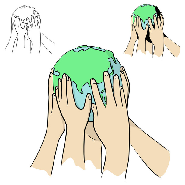 Menschen der Welt, die die Globus-Vektor-Illustration in der Hand halten, skizzieren Doodle-Hand mit schwarzen Linien, die auf weißem Hintergrund isoliert sind. Ökologisches Konzept. - Vektor, Bild