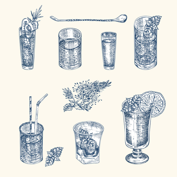 Set di bicchieri da disegno disegnati a mano per bevanda alcolica Vodka, whisky, vino Vintage bar di design, ristorante, menu caffè su sfondo bianco. Modello creativo per volantino, banner, poster Vettore stile incisione - Vettoriali, immagini