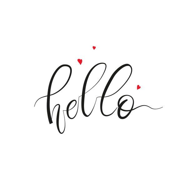 Word Hello for print, banner, poster or sticker. Beautiful handwritten lettering concept with hearts on white background. - Vector illustration - Vetor, Imagem
