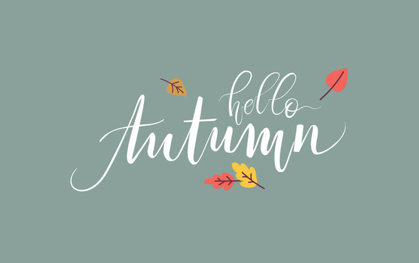 Hello Autumn beautiful handwritten inscription with autumn leaves around. Season greeting for cards and banners. - Vector illustration - Vektör, Görsel