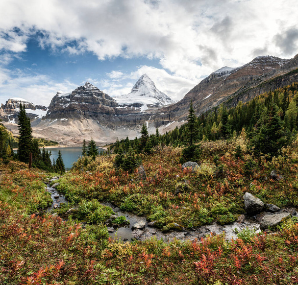 Panorama of Mount Assiniboine with Lake Magog on Autumn forest at provincial park, BC, Canada - Foto, immagini
