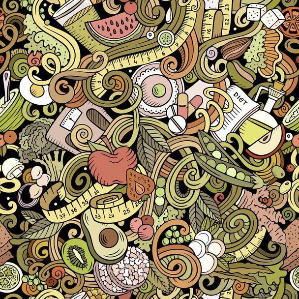 Desenhos animados doodles bonito mão desenhada Dieta padrão de alimentos sem costura. Colorido detalhado, com muitos objetos de fundo. Imensa ilustração vectorial engraçada. Todos os objetos separados
. - Vetor, Imagem