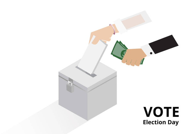 stemmen met geld in de hand van een vrouw, corruptie vector geïsoleerd op witte achtergrond - Vector, afbeelding