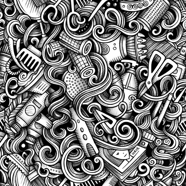 Graphic Friseursalon handgezeichnete künstlerische Kritzeleien nahtlose Muster. Monochrom, detailliert, mit vielen Objekten als Vektorspurhintergrund - Vektor, Bild