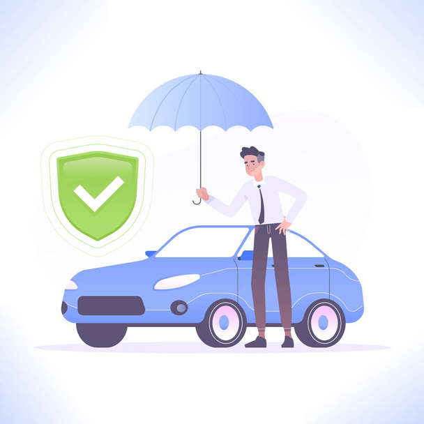 Gépjármű-biztosítás. A fiatalember esernyőt tart a kezében. Védőpajzs az autón. Az autóbiztonság koncepciója esernyővédelemmel, vektorillusztráció - Vektor, kép