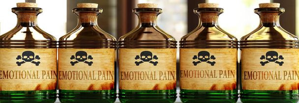 Emotionaalinen kipu voi olla kuin tappava myrkky - kuvassa sana Emotionaalinen kipu myrkyllisissä pulloissa symboloimaan sitä, että emotionaalinen kipu voi olla epäterveellistä keholle ja mielelle, 3d-kuva - Valokuva, kuva