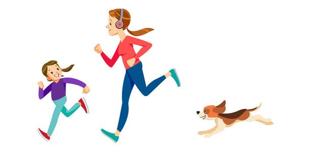 Happy Family Run, Fun Sport Activity. Mom, Daughter and Dog Fitness Healthy Lifestyle. Concept motherhood child-rearing. Mothers day holiday concept. Isolated vector illustration in cartoon style. - Vector, Image