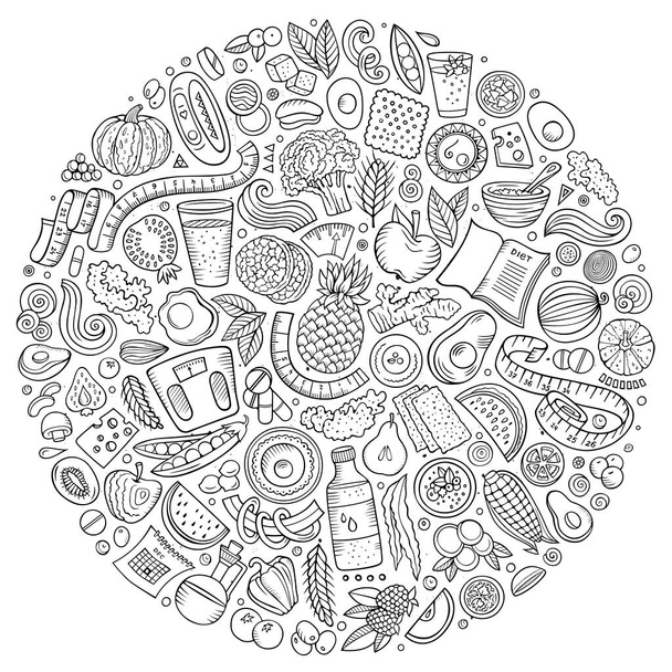 Σύνολο διανυσματικών κινουμένων σχεδίων doodle Διατροφή αντικείμενα που συλλέγονται σε έναν κύκλο. Συλλογή διατροφικών θεμάτων - Διάνυσμα, εικόνα
