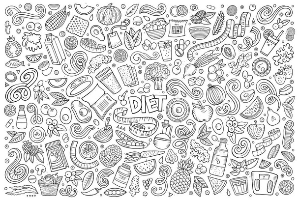 Línea de arte vector dibujado a mano garabatos conjunto de dibujos animados de Dieta alimentos objetos y elementos - Vector, imagen