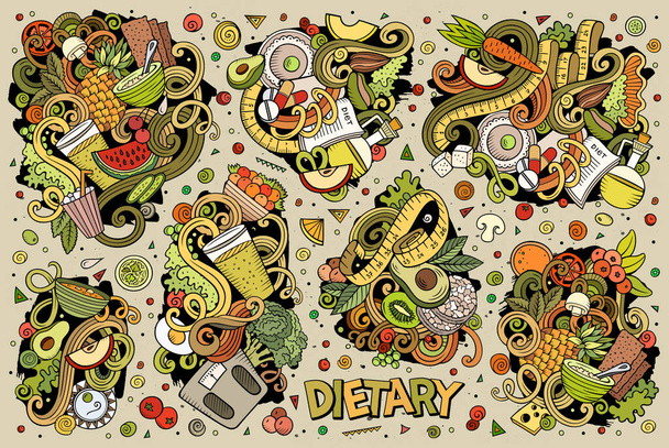 Барвисті векторні мальовані каракулі мультяшний набір дієтичних харчових комбінацій предметів і елементів. Всі елементи розділені
 - Вектор, зображення