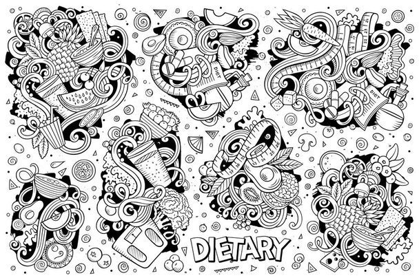 Línea de arte vector dibujado a mano garabatos conjunto de dibujos animados de la dieta combinaciones de alimentos de objetos y elementos. Todos los artículos están separados - Vector, imagen