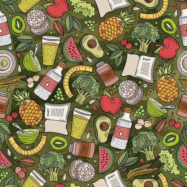 Handgezeichnete Cartoon-Diät-Lebensmittel nahtlose Muster. Viele Symbole, Objekte und Elemente. Perfekte lustige Vektor-Hintergrund. - Vektor, Bild