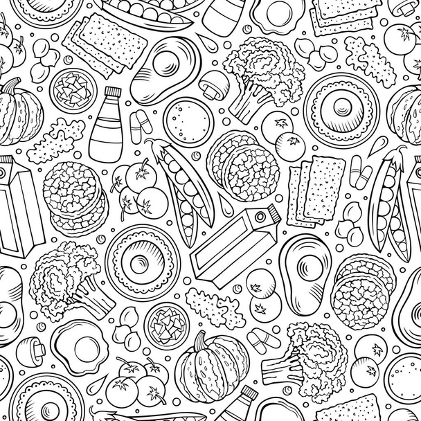 Handgezeichnete Cartoon-Diät-Lebensmittel nahtlose Muster. Viele Symbole, Objekte und Elemente. Perfekte lustige Vektor-Hintergrund. - Vektor, Bild