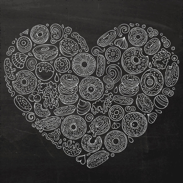 Linia sztuki wektor ręcznie rysowane zestaw Donuts kreskówki doodle obiektów, symboli i przedmiotów. Skład postaci serca - Wektor, obraz