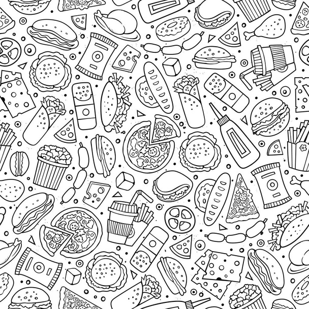 Cartoon cute hand drawn Fast food seamless pattern. Line art with lots of objects background. Endless funny vector illustration. Sketch backdrop with fastfood symbols and items - Vektor, Bild