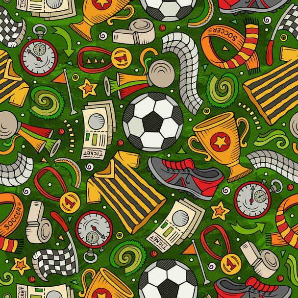 Cartoon hand-drawn Soccer seamless pattern. Lots of symbols, objects and elements. Perfect funny vector background. - Vector, Image