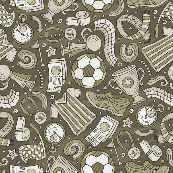Desenhos animados desenhados à mão Soccer sem costura padrão. Muitos símbolos, objetos e elementos. Fundo vetor engraçado perfeito
. - Vetor, Imagem
