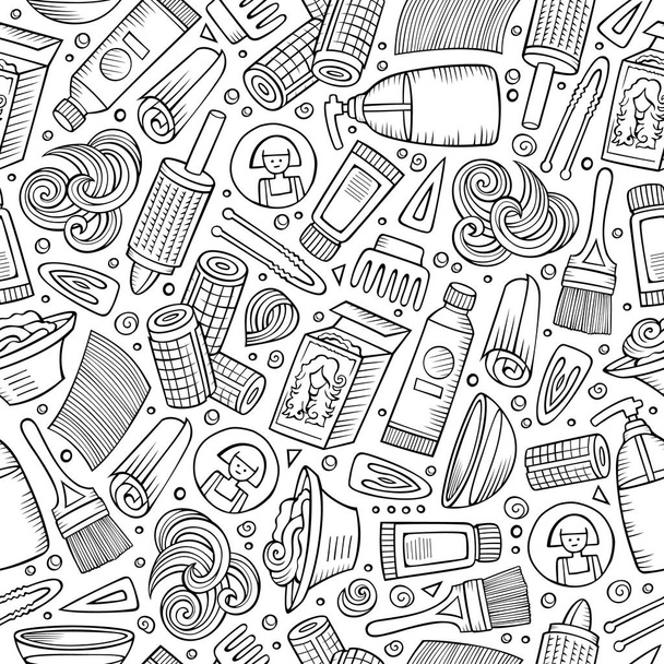 Cartoon hand-drawn Hair salon seamless pattern. Lots of symbols, objects and elements. Perfect funny vector background. - Vector, Image