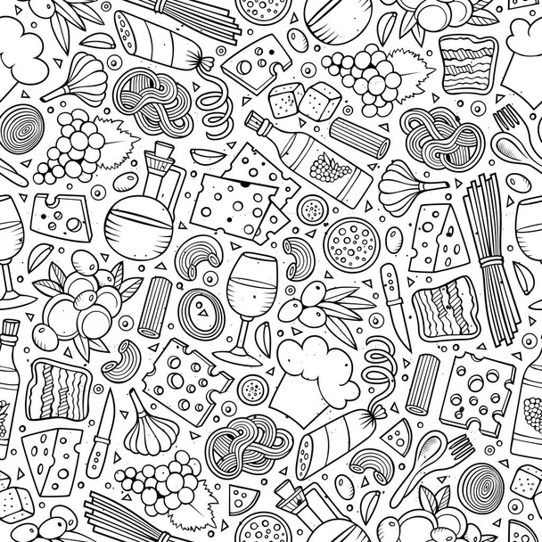 Cartoon niedlichen handgezeichneten italienischen Essen nahtlose Muster. Linienkunst mit vielen Objekten Hintergrund. Endlose lustige Vektorillustration. - Vektor, Bild