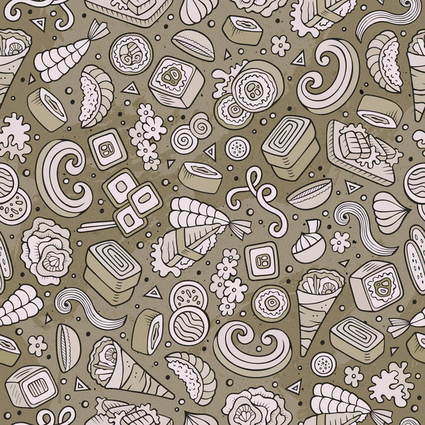 Cartoon cute hand drawn Japan food seamless pattern. Monochrome with lots of objects background. Endless funny vector illustration. Sepia backdrop with japanese cuisine symbols and items - Vetor, Imagem