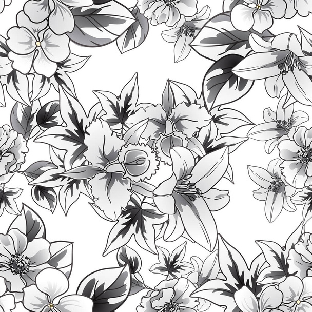 black white flowers seamless background, petals, vector illustration - Vektor, obrázek