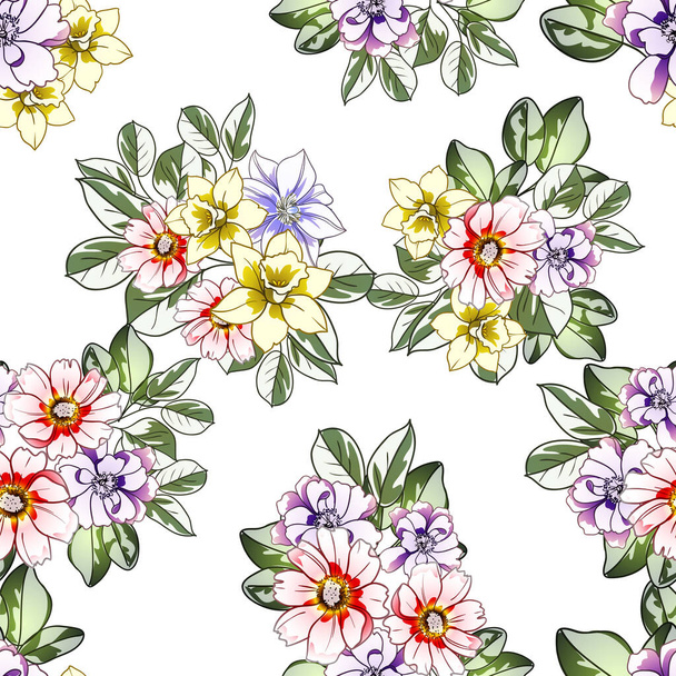 colorful flowers seamless background, petals, vector illustration - Vector, Imagen