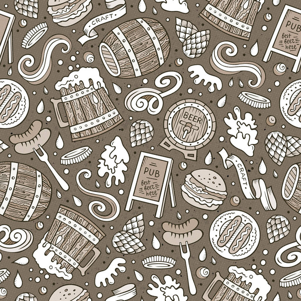 Cartoon cute hand drawn Beer fest seamless pattern. Monochrome with lots of objects background. Endless funny vector illustration - Вектор, зображення