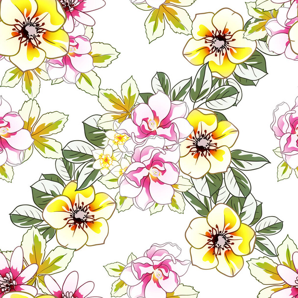 colorful flowers seamless background, petals, vector illustration - Вектор,изображение