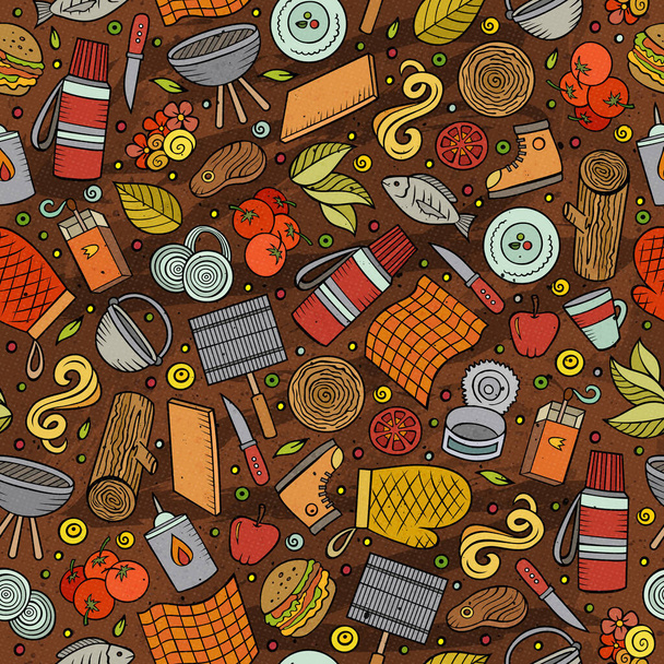 Cartoon cute hand drawn Picnic seamless pattern. Colorful detailed, with lots of objects background. Endless funny vector illustration - Vector, Image