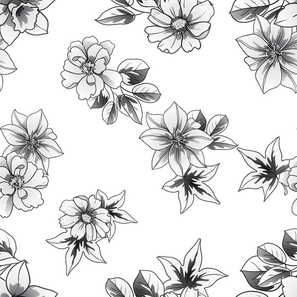 black white flowers seamless background, vector illustration - Vecteur, image