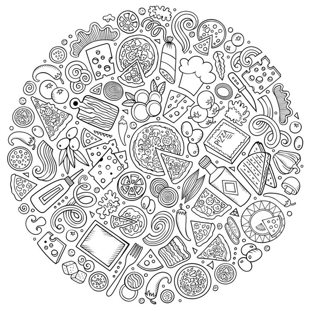 Γραμμή τέχνη διάνυσμα χέρι που αποτελείται από Pizza κινούμενα σχέδια doodle αντικείμενα, σύμβολα και στοιχεία. Στρογγυλή σύνθεση - Διάνυσμα, εικόνα