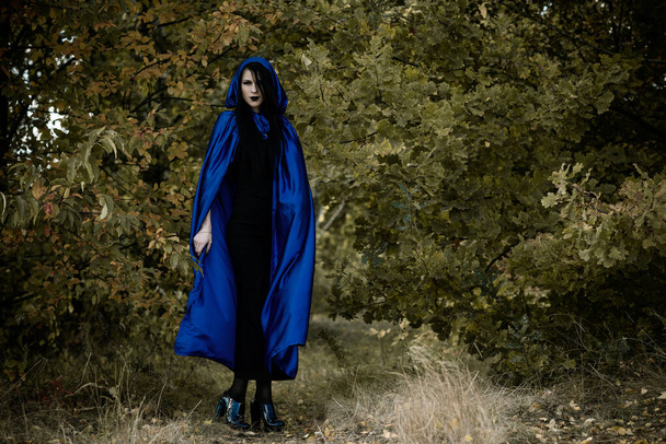 Хэллоуин время, колдовство, современная готическая девушка в голубом плаще праздновать. Хорошие идеи для фотосессий, косплея - Фото, изображение