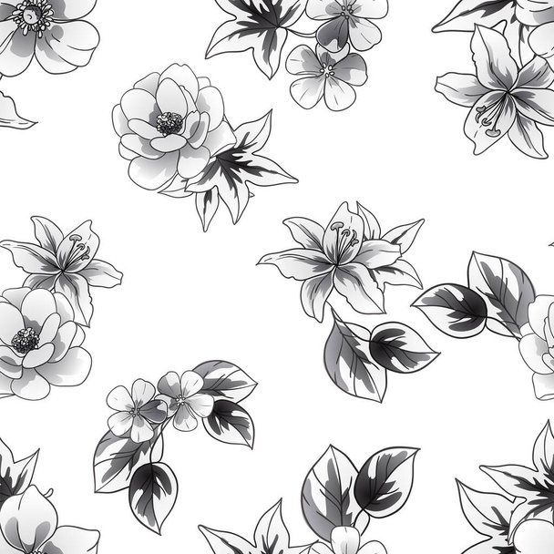 black white flowers seamless background, vector illustration - Вектор,изображение