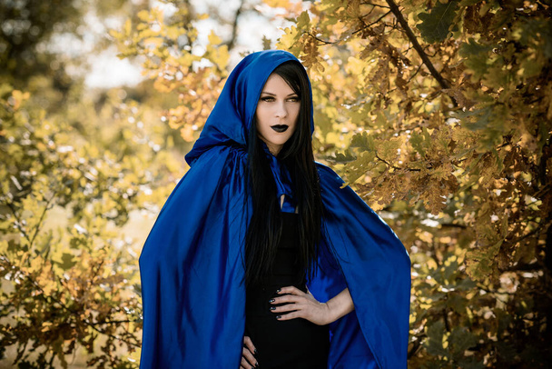 Halloween tijd, hekserij, modern gotisch meisje in blauwe mantel vieren. Goede ideeën voor fotoshoots, cosplay - Foto, afbeelding