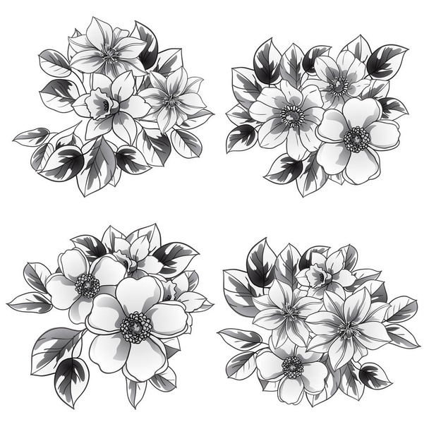 black white flowers seamless background, vector illustration - Vettoriali, immagini