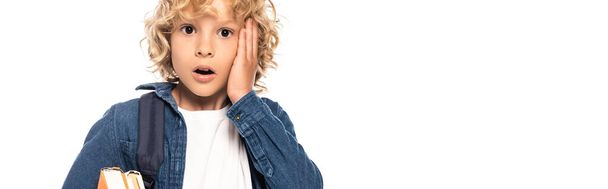 panoramic crop of shocked blonde schoolboy touching face isolated on white  - Φωτογραφία, εικόνα