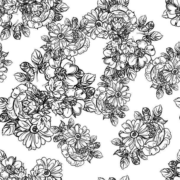 black white flowers seamless background, vector illustration - Vector, imagen