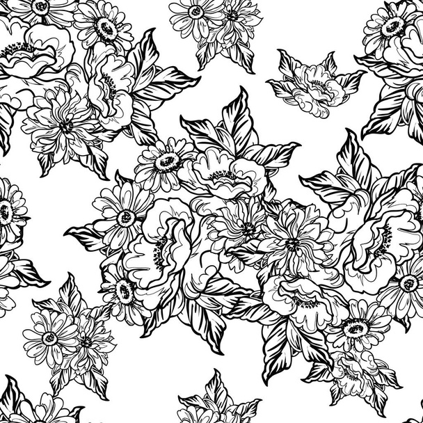 black white flowers seamless background, vector illustration - Vector, Imagen
