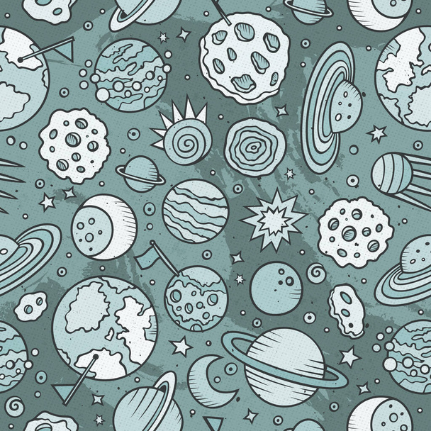 Cartoon hand-drawn space, planets seamless pattern. Lots of symbols, objects and elements. Perfect funny vector background. - Vector, Image