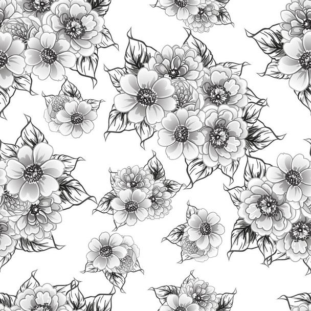 black white flowers seamless background, vector illustration - Vector, Image