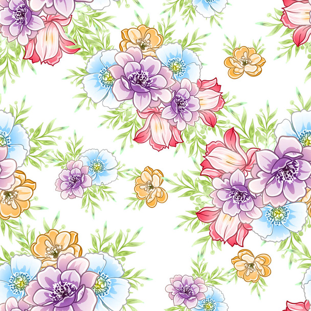 colorful flowers seamless pattern, petals, vector illustration - Vector, Imagen