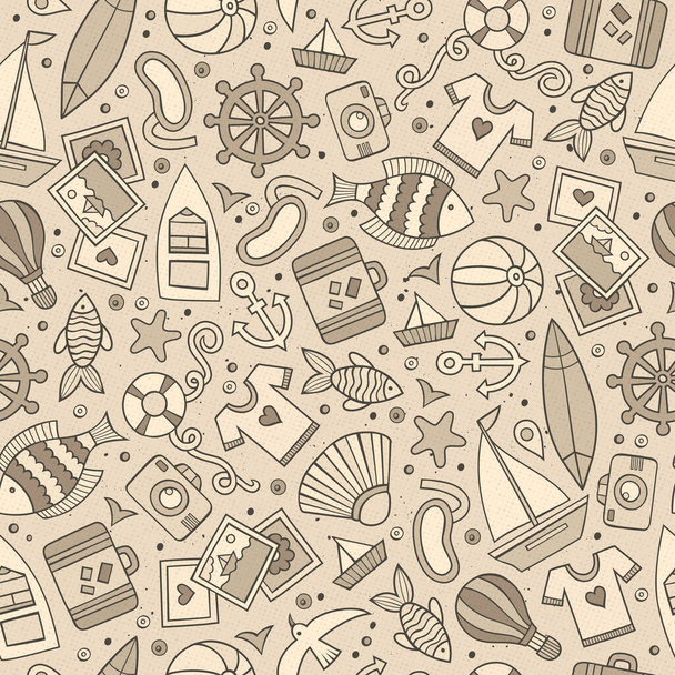 Cartoon hand-drawn summer time seamless pattern. Monochrome detailed, with lots of objects funny vector background - Vektor, kép