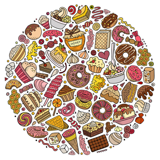 Colorato set disegnato a mano vettore di Dolce cibo cartone animato doodle oggetti, simboli e oggetti. Composizione rotonda - Vettoriali, immagini