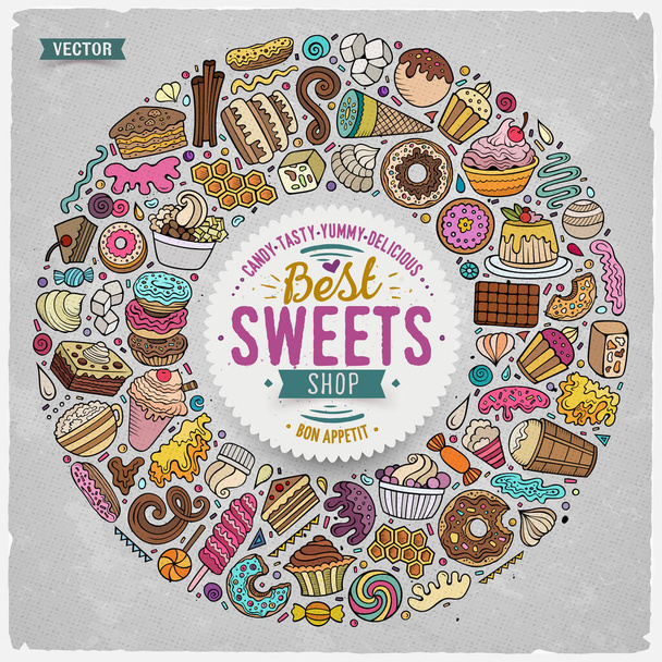 Kleurrijke vector hand getekend set van Sweet food cartoon doodle objecten, symbolen en items. Samenstelling rond frame - Vector, afbeelding