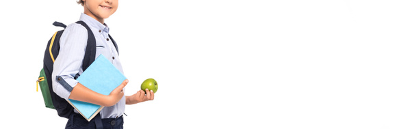 panoráma termés iskolás fiú hátizsák és könyvgazdaság alma elszigetelt fehér  - Fotó, kép